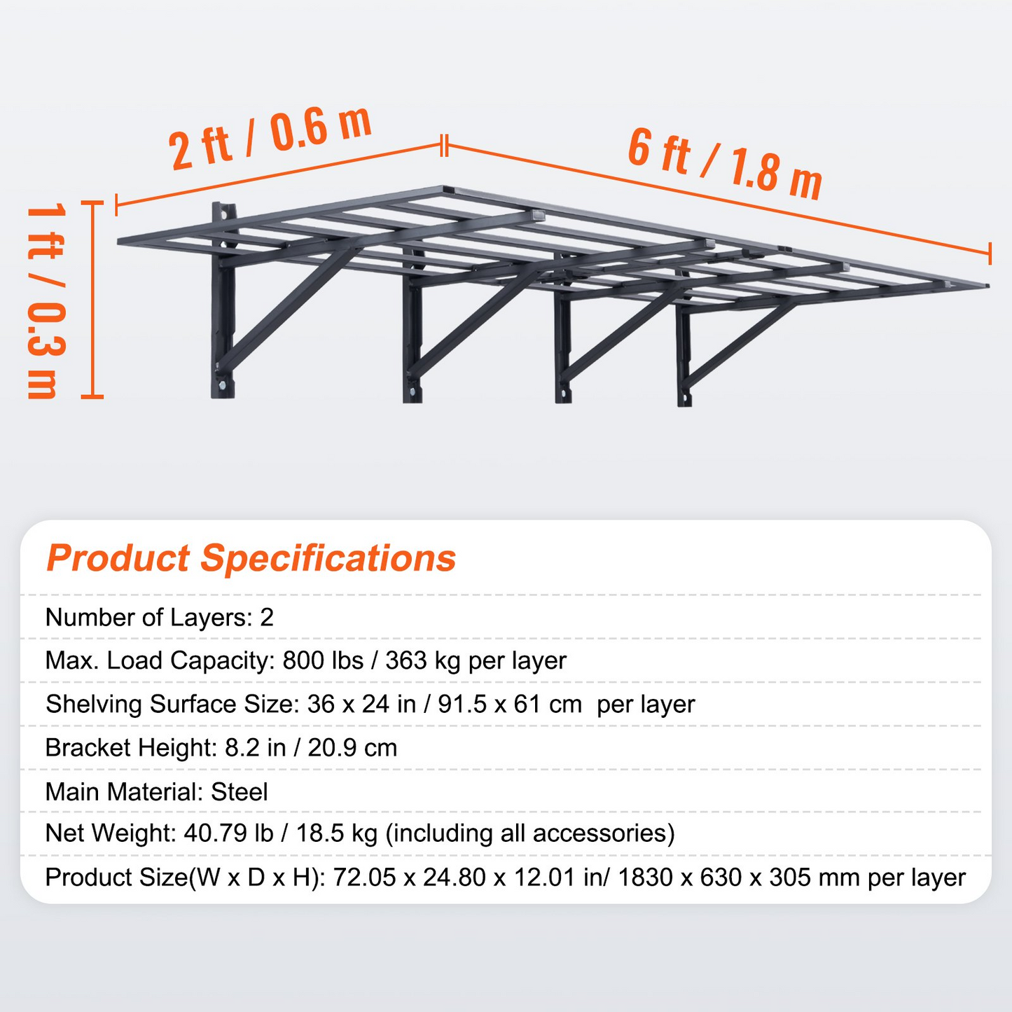 VEVOR Garage Storage Shelving, 2 Pack, 183 x 61 cm Heavy Duty Garage Shelves Wall Mounted, 726 kgLoad Capacity(Total) Garage Storage Rack Floating Shelves, Suitable for Shop, Shed, Garage Storage