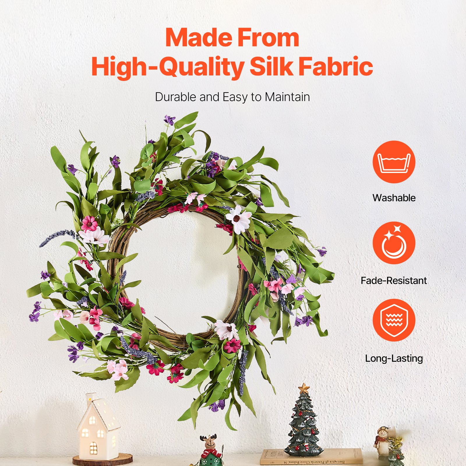 VEVOR Artificial Decorative Wreath 22 in Pink Green Daisies Year Round Wreath