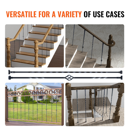 VEVOR Staircase Metal Balusters, 44'' x 1/2" Galvanized Steel Decorative Banister Spindles, 10 Pack Deck Baluster with Hollow Single Baskets, Twists, Spiral Stair Railing w/ Shoes & Screws
