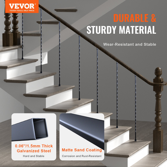 VEVOR Staircase Metal Balusters, 111.76 cm x 1.27 cm Galvanized Steel Decorative Banister Spindles, 10 Pack Deck Baluster with Hollow Twists, Satin Black Spiral Stair Railing with Shoes & Screws