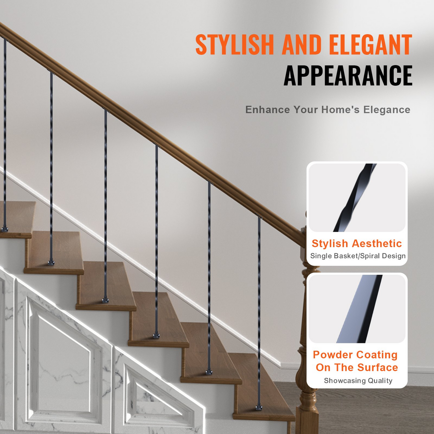VEVOR Staircase Metal Balusters, 111.76 cm x 1.27 cm Galvanized Steel Decorative Banister Spindles, 10 Pack Deck Baluster with Hollow Twists, Satin Black Spiral Stair Railing with Shoes & Screws