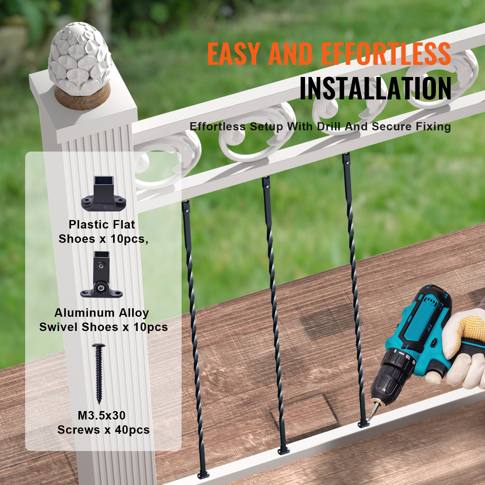 VEVOR Staircase Metal Balusters, 111.76 cm x 1.27 cm Galvanized Steel Decorative Banister Spindles, 10 Pack Deck Baluster with Hollow Twists, Satin Black Spiral Stair Railing with Shoes & Screws