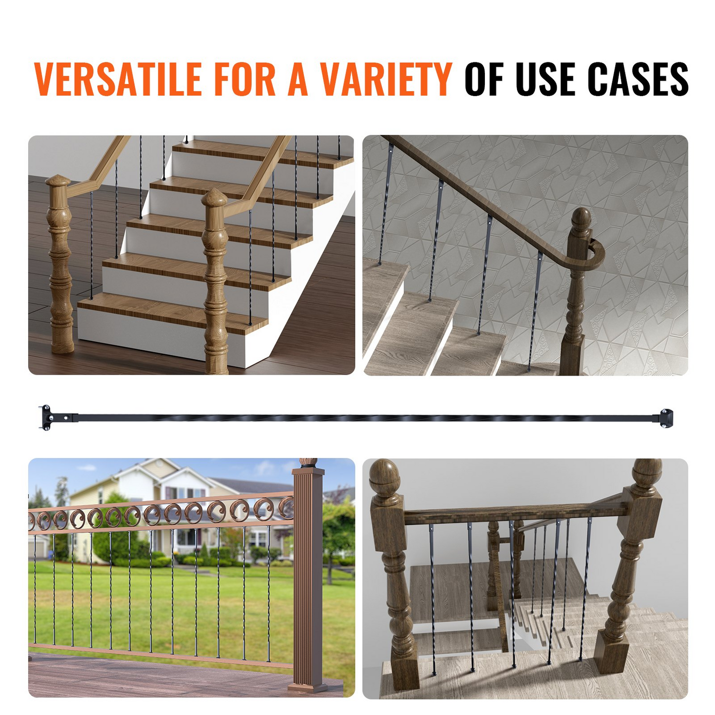 VEVOR Staircase Metal Balusters, 111.76 cm x 1.27 cm Galvanized Steel Decorative Banister Spindles, 10 Pack Deck Baluster with Hollow Twists, Satin Black Spiral Stair Railing with Shoes & Screws