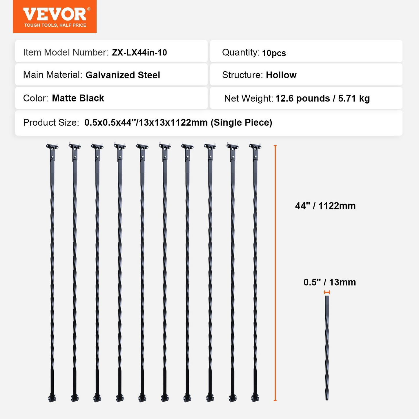 VEVOR Staircase Metal Balusters, 111.76 cm x 1.27 cm Galvanized Steel Decorative Banister Spindles, 10 Pack Deck Baluster with Hollow Twists, Satin Black Spiral Stair Railing with Shoes & Screws