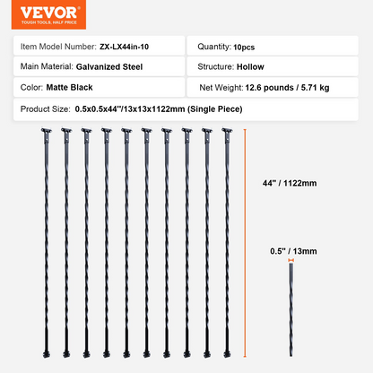 VEVOR Staircase Metal Balusters, 111.76 cm x 1.27 cm Galvanized Steel Decorative Banister Spindles, 10 Pack Deck Baluster with Hollow Twists, Satin Black Spiral Stair Railing with Shoes & Screws