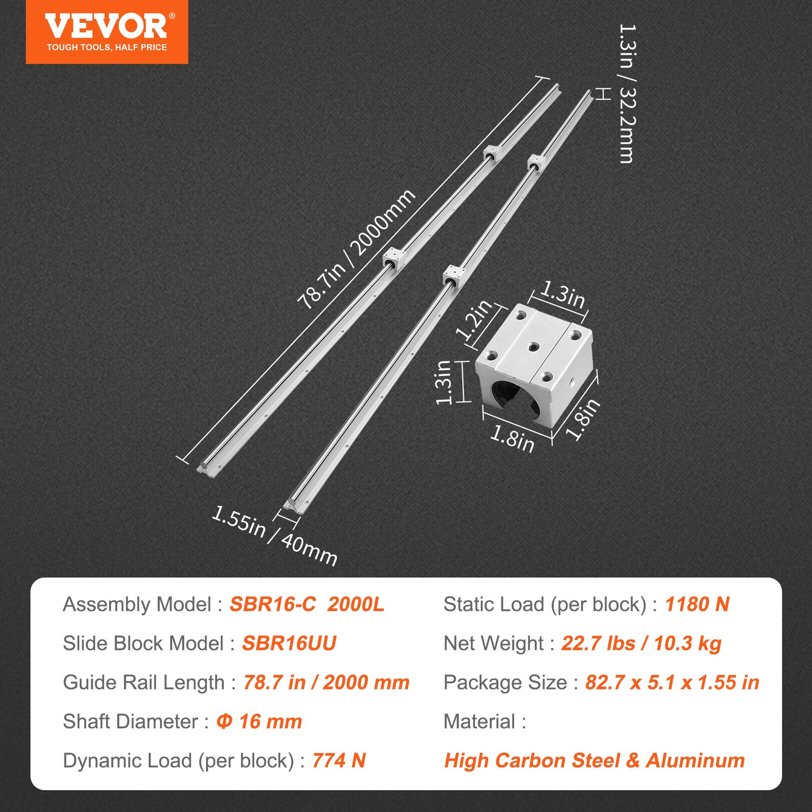 VEVOR Linear Guide Rail Set, SBR16 2000mm, 2 PCS 78.7 in/2000 mm SBR16 Guide Rails and 4 PCS SBR16UU Slide Blocks, Linear Rails and Bearings Kit for Automated Machines DIY Project CNC Router Machines