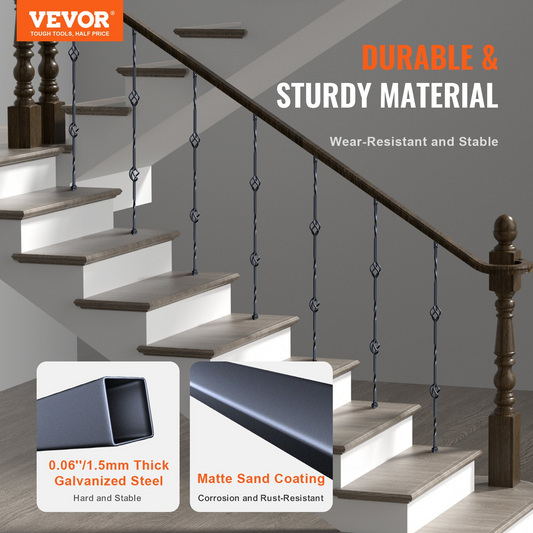 VEVOR Staircase Metal Balusters, 44'' x 1/2" Galvanized Steel Decorative Banister Spindles, 10 Pack Deck Baluster with Hollow Double Baskets, Spiral Stair Railing with Shoes & Screws