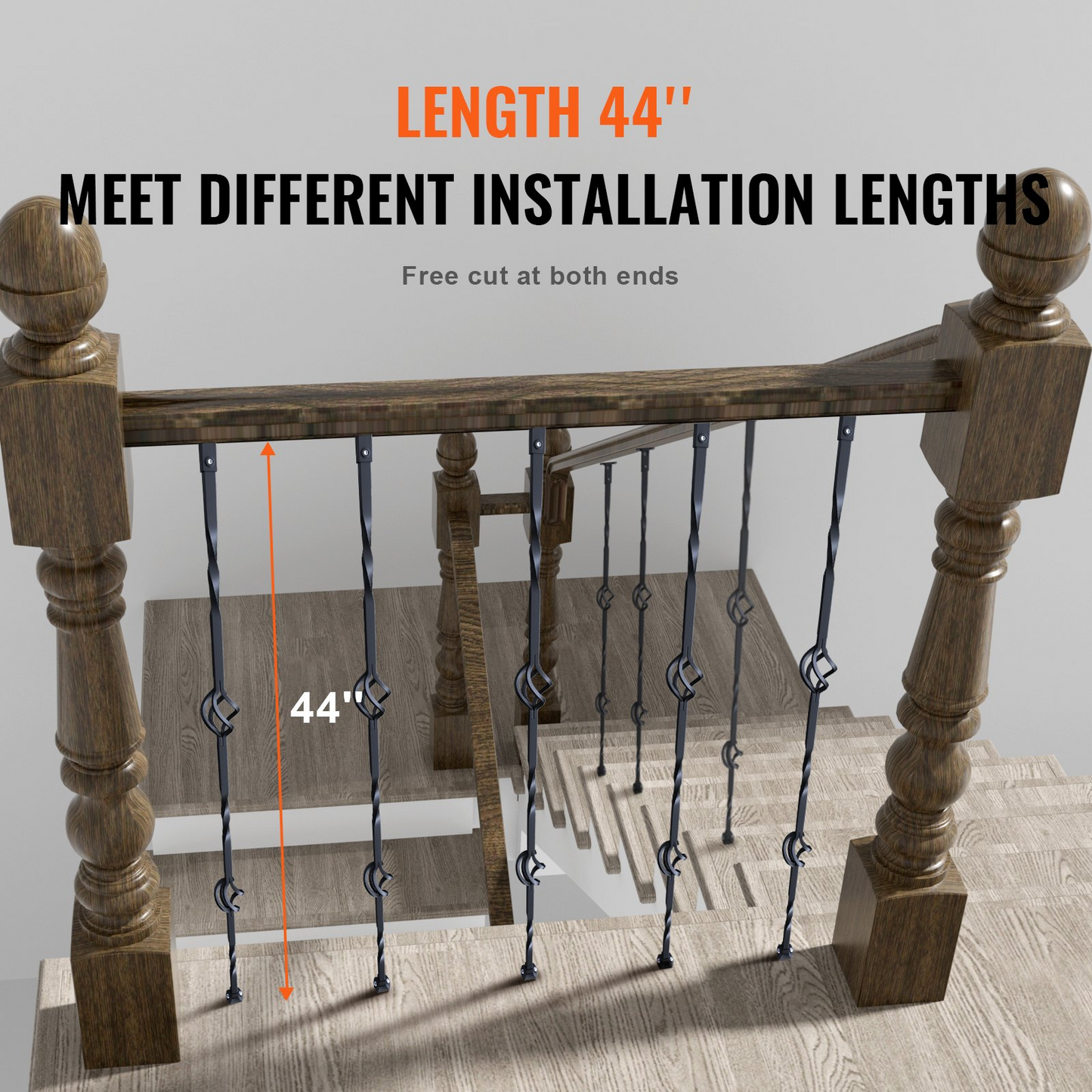 VEVOR Staircase Metal Balusters, 44'' x 1/2" Galvanized Steel Decorative Banister Spindles, 10 Pack Deck Baluster with Hollow Double Baskets, Spiral Stair Railing with Shoes & Screws