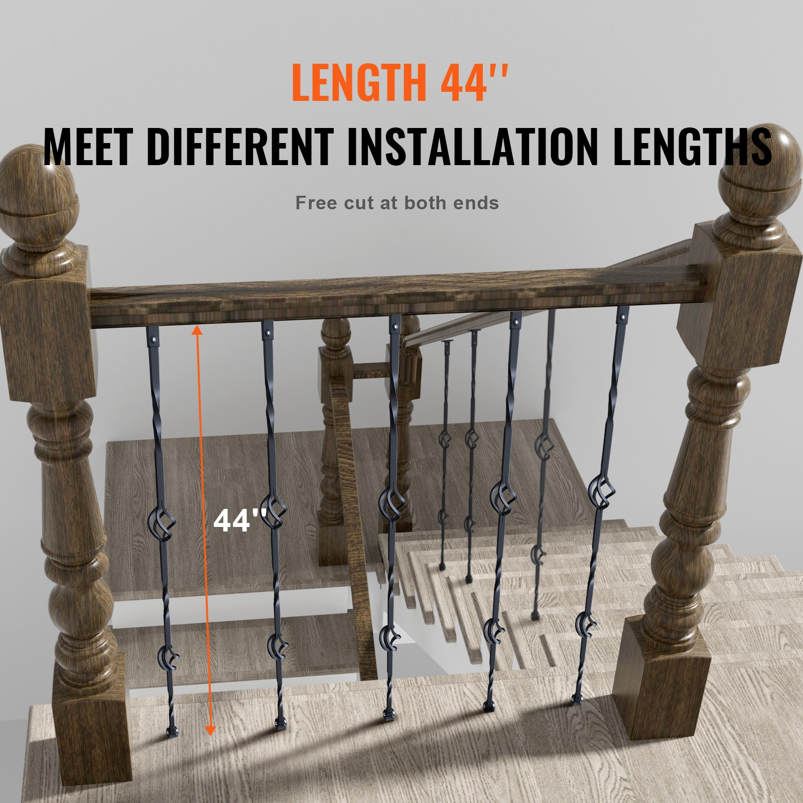 VEVOR Staircase Metal Balusters, 44'' x 1/2" Galvanized Steel Decorative Banister Spindles, 10 Pack Deck Baluster with Hollow Double Baskets, Spiral Stair Railing with Shoes & Screws