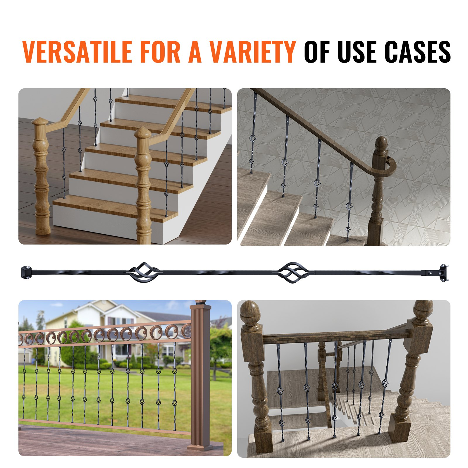 VEVOR Staircase Metal Balusters, 44'' x 1/2" Galvanized Steel Decorative Banister Spindles, 10 Pack Deck Baluster with Hollow Double Baskets, Spiral Stair Railing with Shoes & Screws