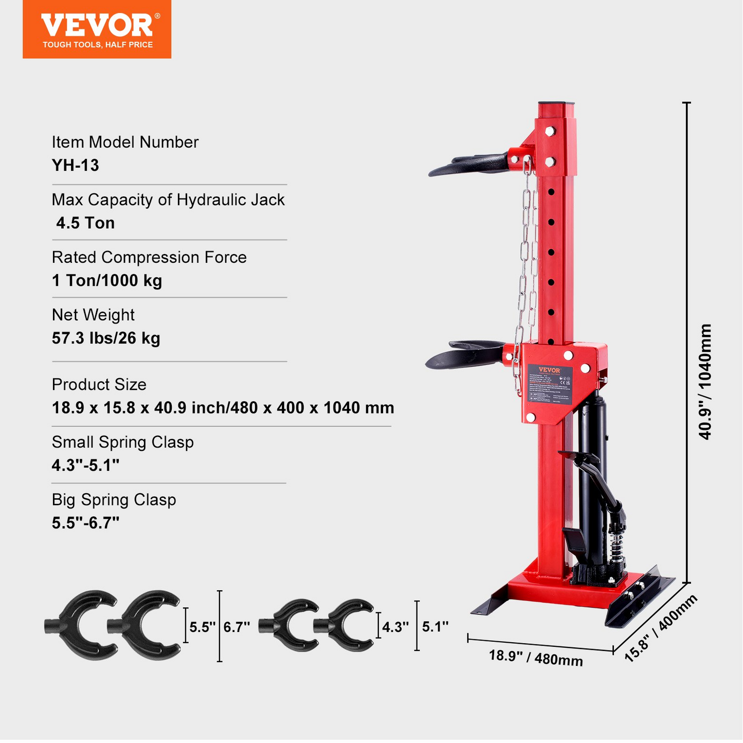 VEVOR Strut Spring Compressor, 4.5 Ton/4499.6 kg Hydraulic Jack Capacity, 1 Ton Rated Compression Force, Auto Strut Coil Spring Compressor Tool, Hydraulic Spring Compressor for Strut Spring Removing