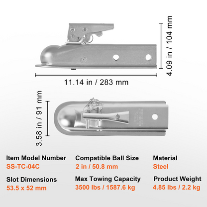 VEVOR Straight Trailer Coupler, for 2-Inch Hitch Ball, 2-Inch Channel, 3500 lbs Capacity, Heavy Duty Trailer Tongue Coupler, Ideal for Towing Station Wagons, Pickup Trucks, SUVs, Zinc Plated Surface