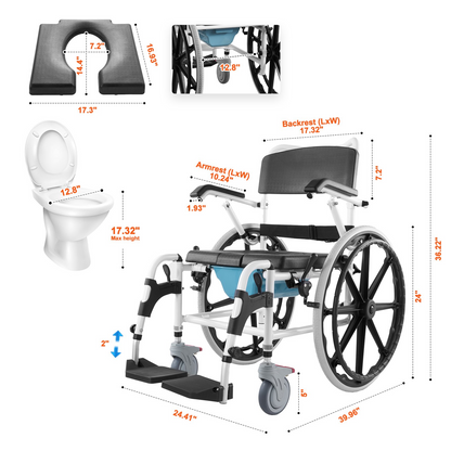 VEVOR Shower Wheelchair 17.5in/44.5 cm Al Alloy Commode Bathroom Wheelchair for Disabled