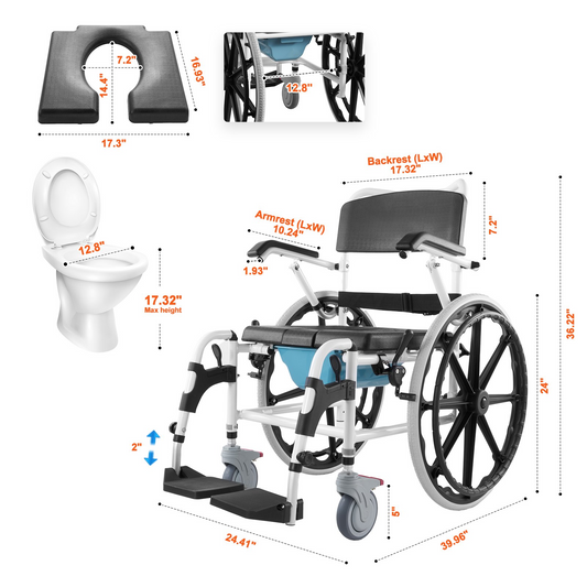 VEVOR Shower Wheelchair 17.5in/44.5 cm Al Alloy Commode Bathroom Wheelchair for Disabled