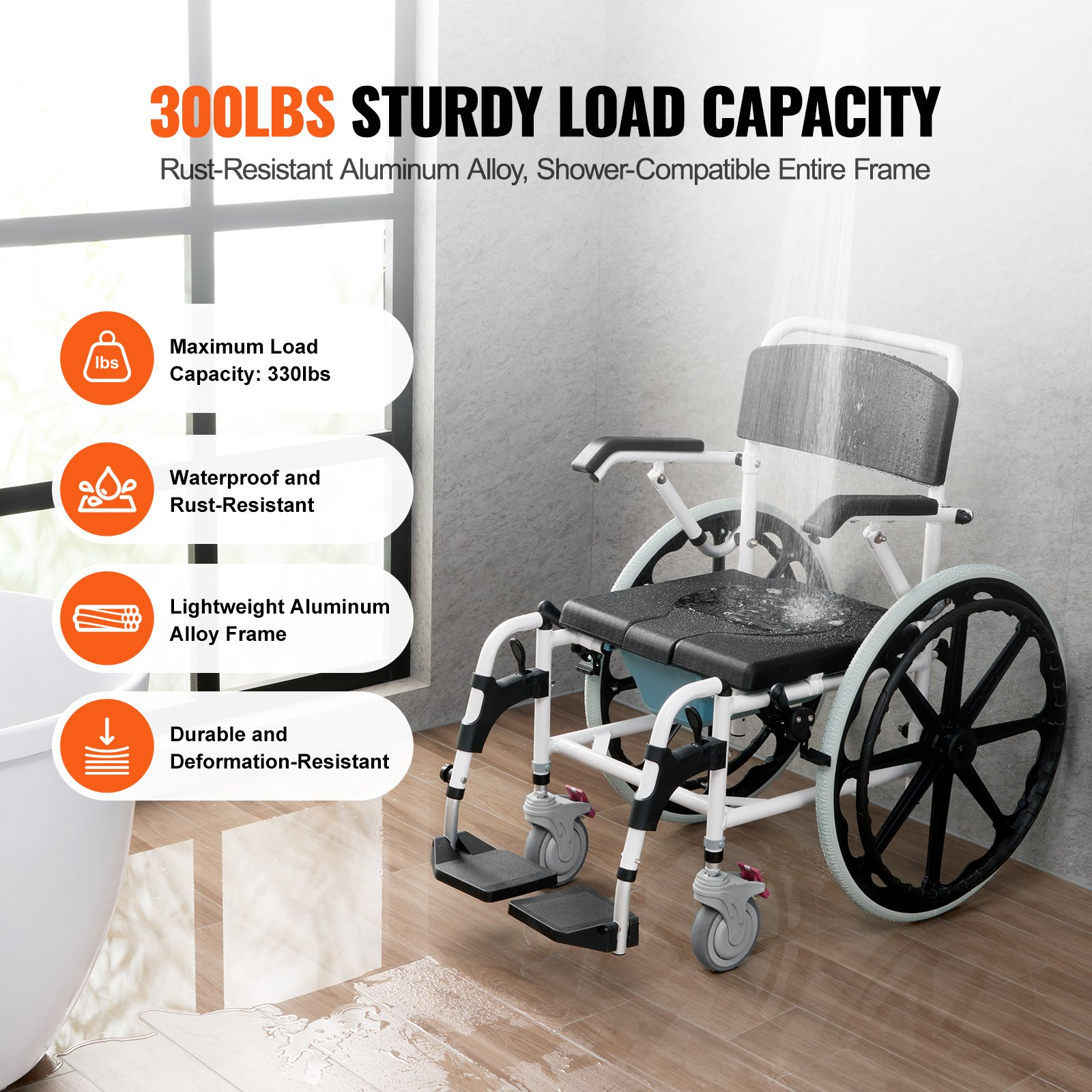 VEVOR Shower Wheelchair 17.5in/44.5 cm Al Alloy Commode Bathroom Wheelchair for Disabled