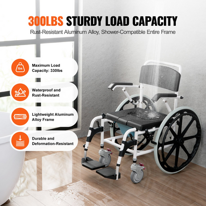 VEVOR Shower Wheelchair 17.5in/44.5 cm Al Alloy Commode Bathroom Wheelchair for Disabled