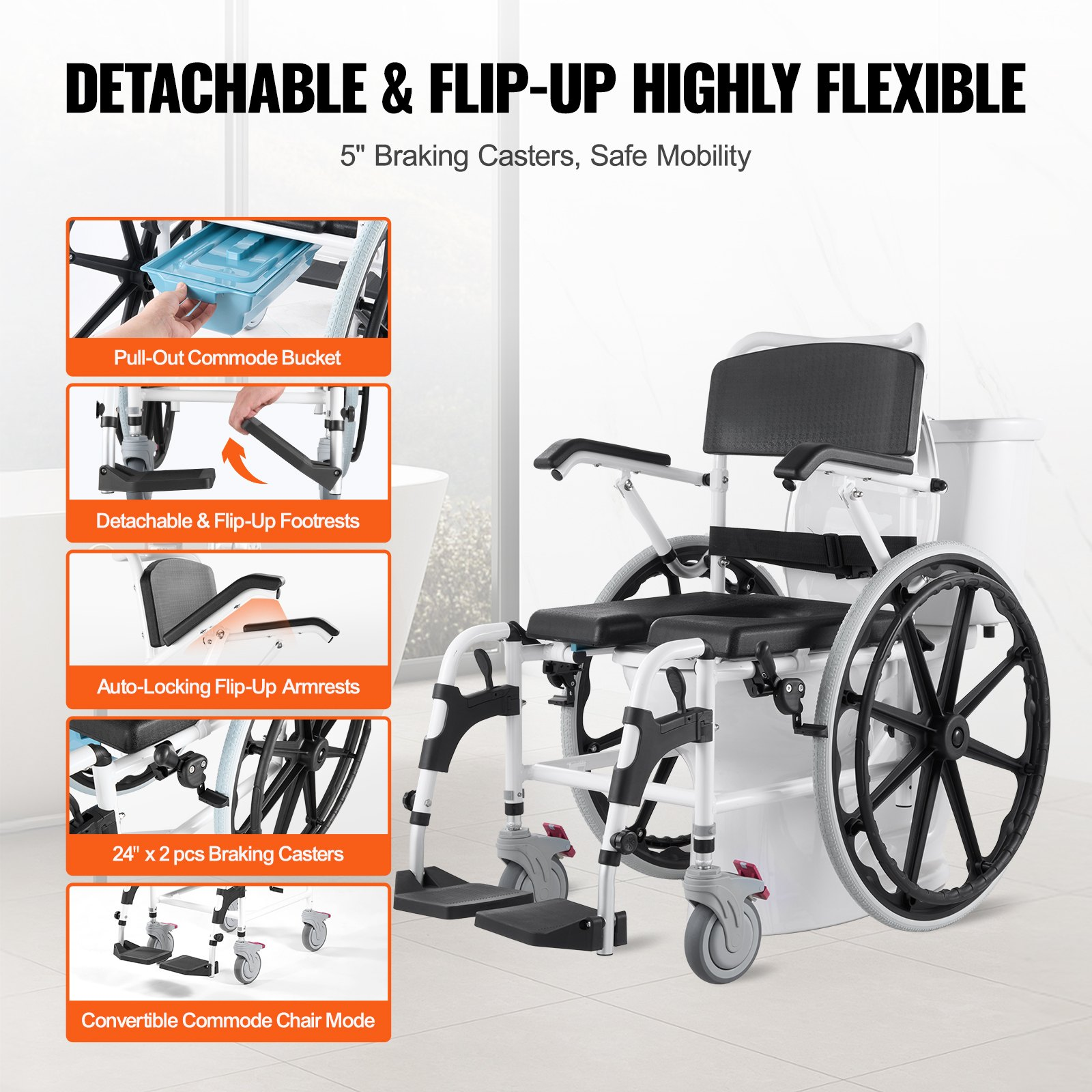 VEVOR Shower Wheelchair 17.5in/44.5 cm Al Alloy Commode Bathroom Wheelchair for Disabled