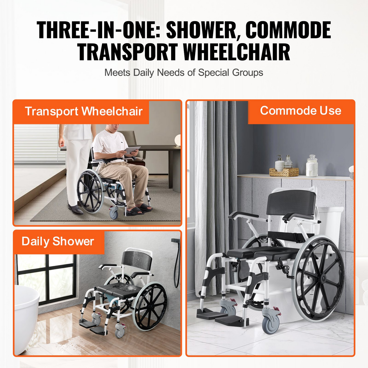 VEVOR Shower Wheelchair 17.5in/44.5 cm Al Alloy Commode Bathroom Wheelchair for Disabled
