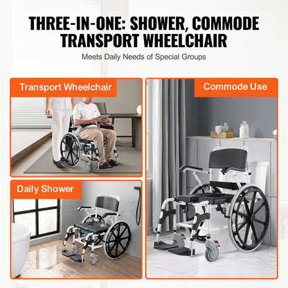 VEVOR Shower Wheelchair 17.5in/44.5 cm Al Alloy Commode Bathroom Wheelchair for Disabled
