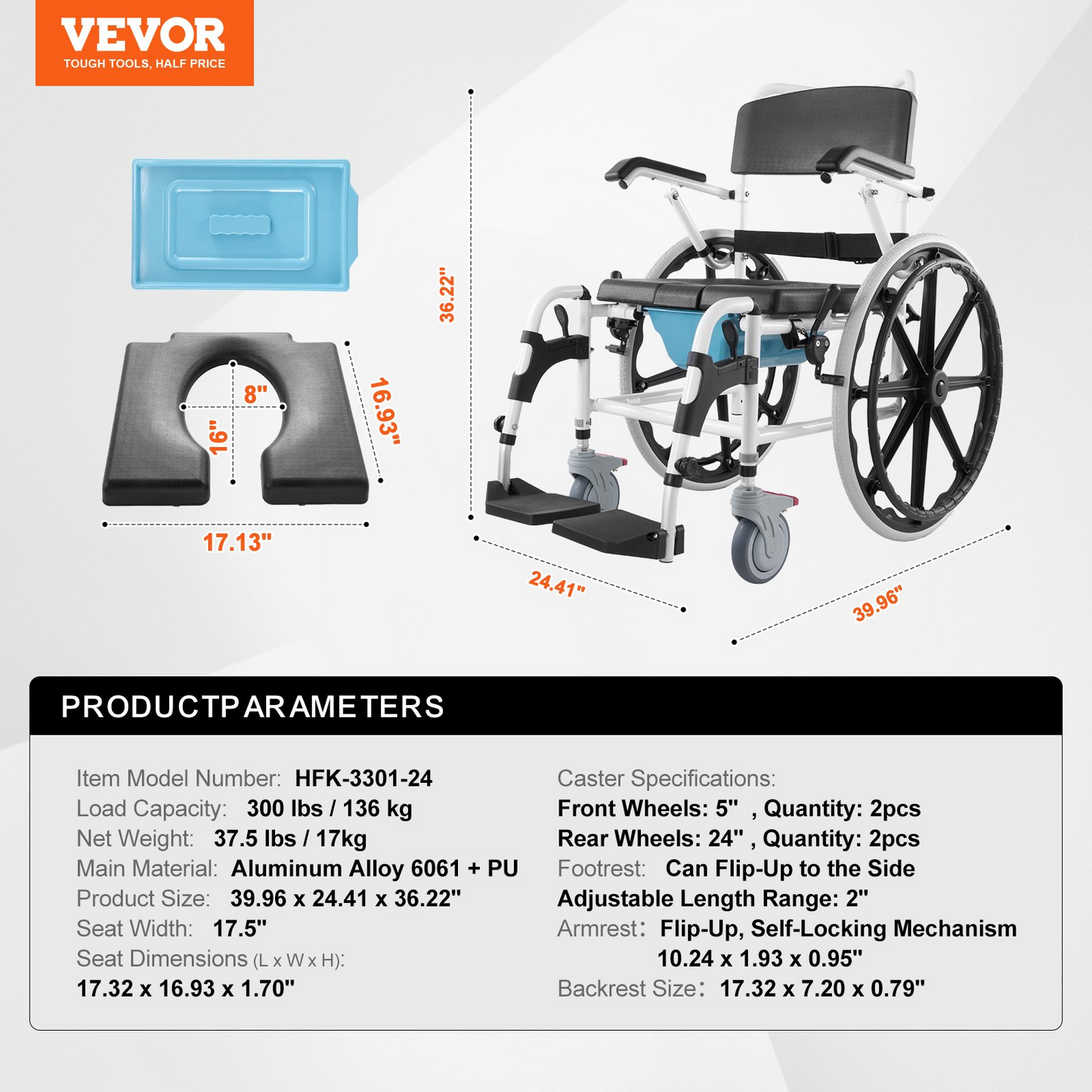 VEVOR Shower Wheelchair 17.5in/44.5 cm Al Alloy Commode Bathroom Wheelchair for Disabled