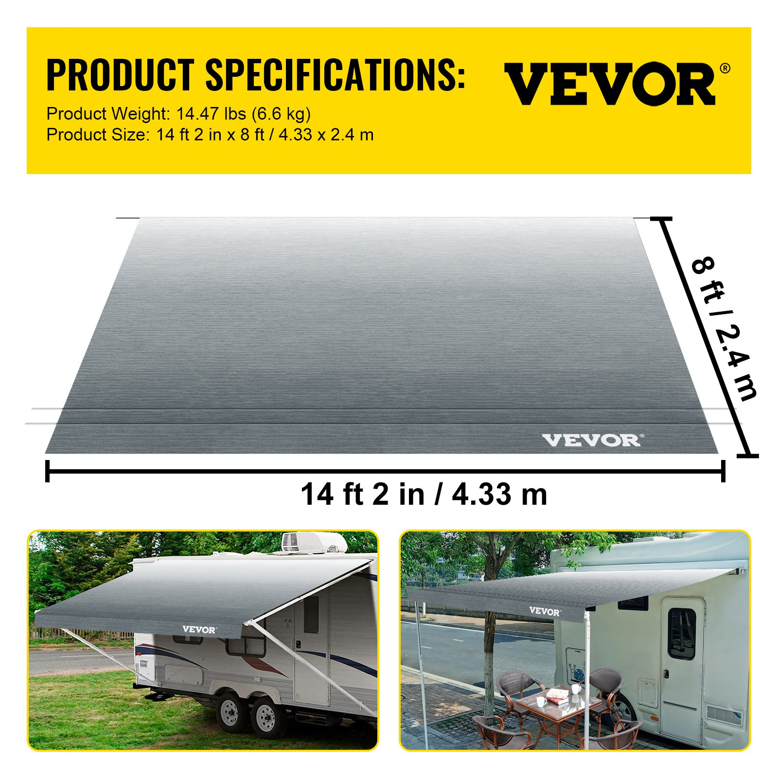 VEVOR RV Awning Fabric RV Camper Trailer Replacement Fabric 15 ft Gray Fade