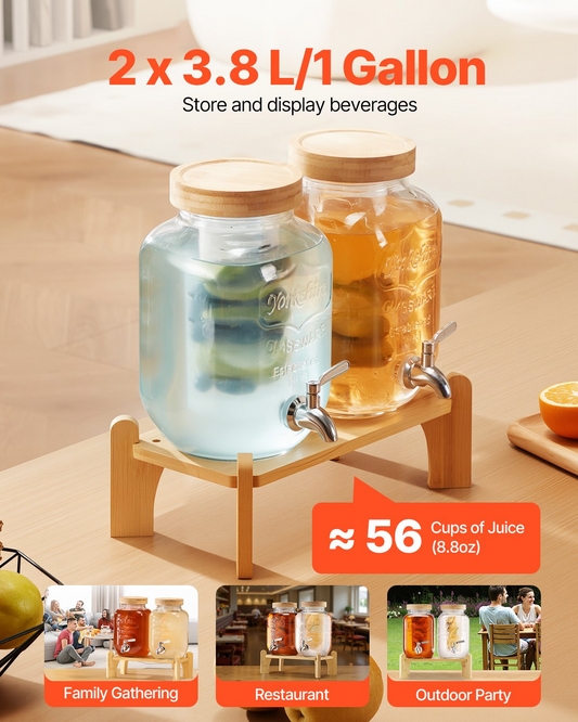 VEVOR Drink Dispenser 3.8L Beverage Dispenser for Parties Glass with Stand 2PCS