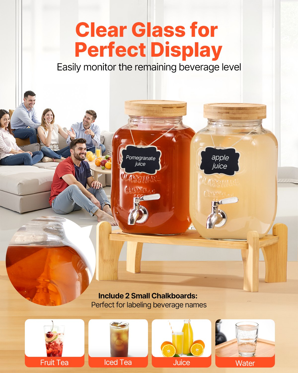 VEVOR Drink Dispenser 3.8L Beverage Dispenser for Parties Glass with Stand 2PCS