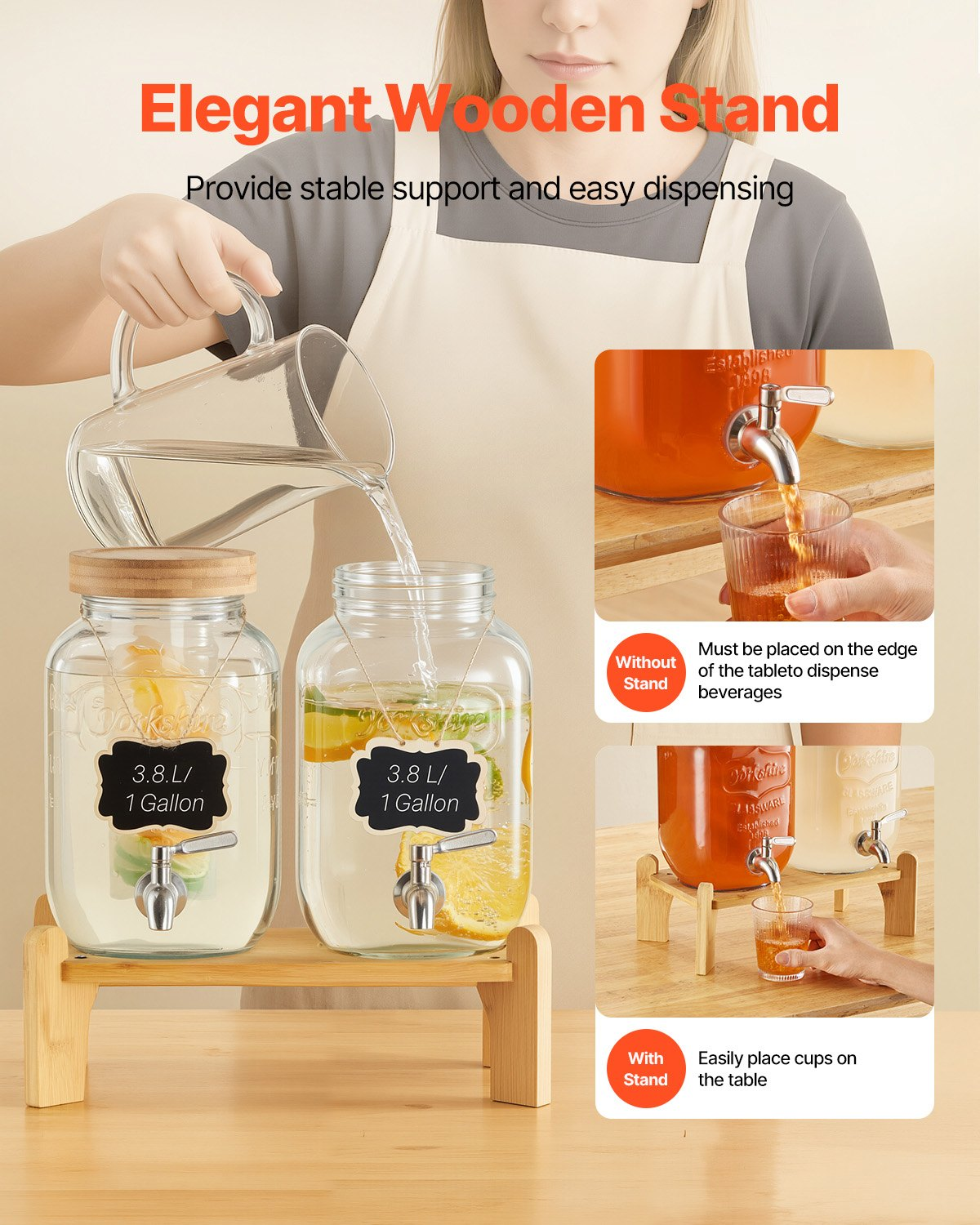 VEVOR Drink Dispenser 3.8L Beverage Dispenser for Parties Glass with Stand 2PCS