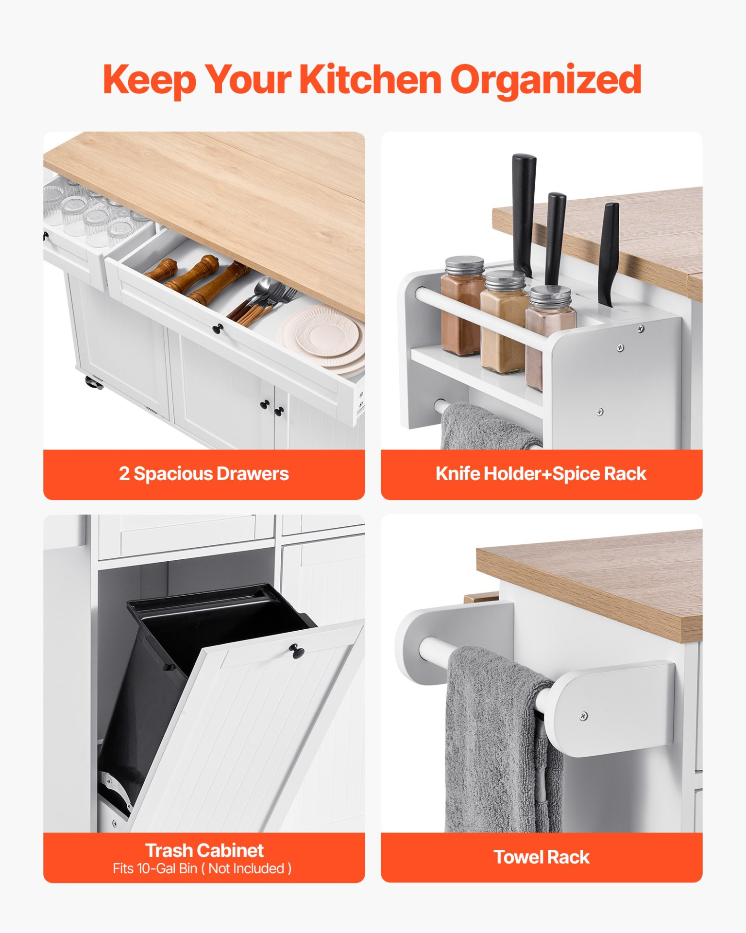 VEVOR 153cm Kitchen Island Cart Rolling Storage Cabinet Table Drawer Drop Leaf