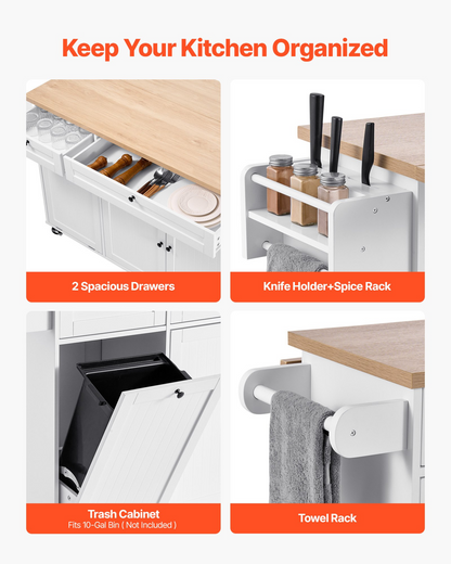 VEVOR 153cm Kitchen Island Cart Rolling Storage Cabinet Table Drawer Drop Leaf