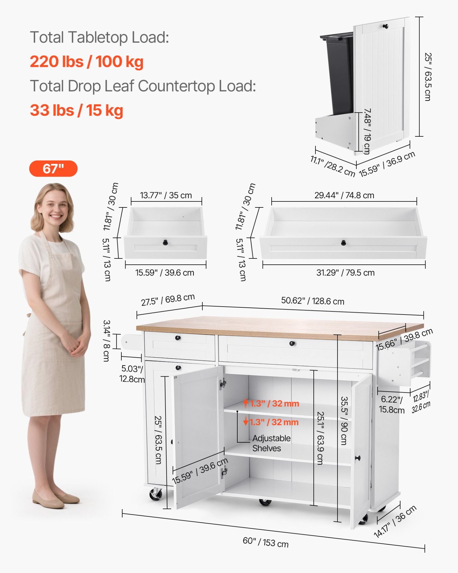 VEVOR 153cm Kitchen Island Cart Rolling Storage Cabinet Table Drawer Drop Leaf