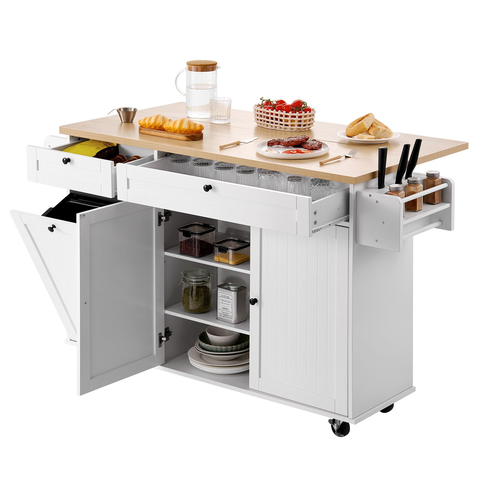 VEVOR 153cm Kitchen Island Cart Rolling Storage Cabinet Table Drawer Drop Leaf