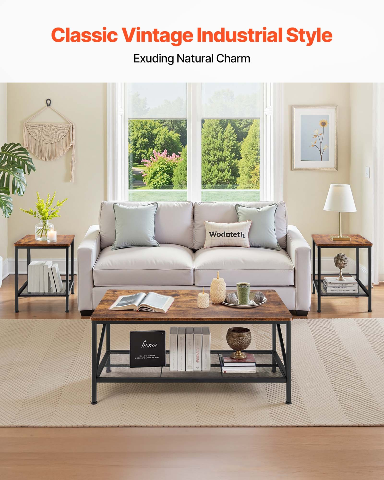 VEVOR 3 Pieces Living Room Table Sets 41.3 in Coffee Table with 2 End Tables