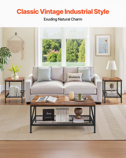 VEVOR 3 Pieces Living Room Table Sets 41.3 in Coffee Table with 2 End Tables