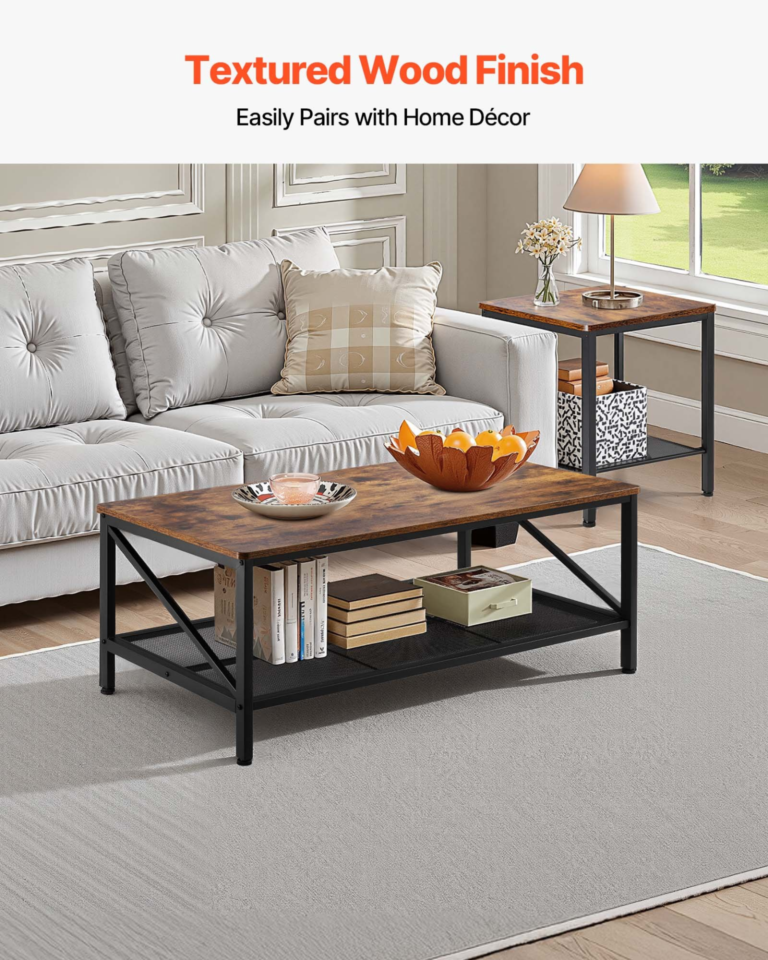 VEVOR 3 Pieces Living Room Table Sets 41.3 in Coffee Table with 2 End Tables