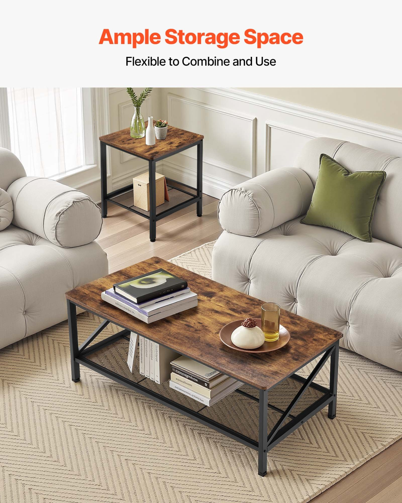 VEVOR 3 Pieces Living Room Table Sets 41.3 in Coffee Table with 2 End Tables