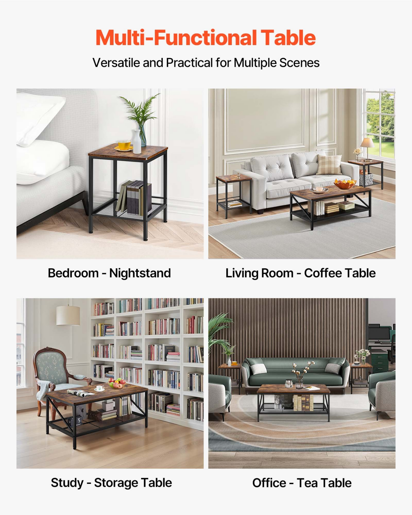 VEVOR 3 Pieces Living Room Table Sets 41.3 in Coffee Table with 2 End Tables