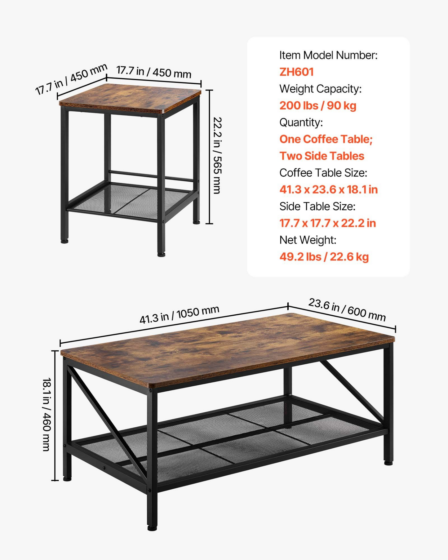 VEVOR 3 Pieces Living Room Table Sets 41.3 in Coffee Table with 2 End Tables