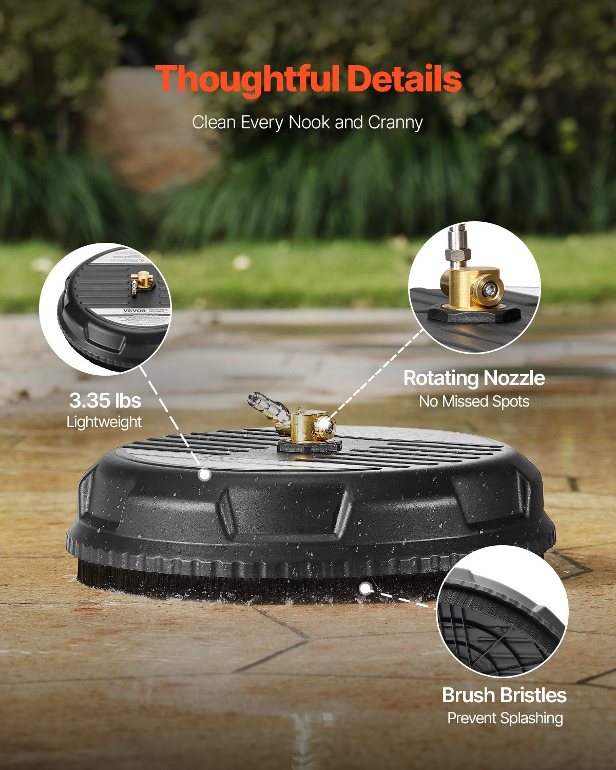 VEVOR 15" Pressure Washer Surface Cleaner 4 Wheels 4000 Max PSI Plastic Black