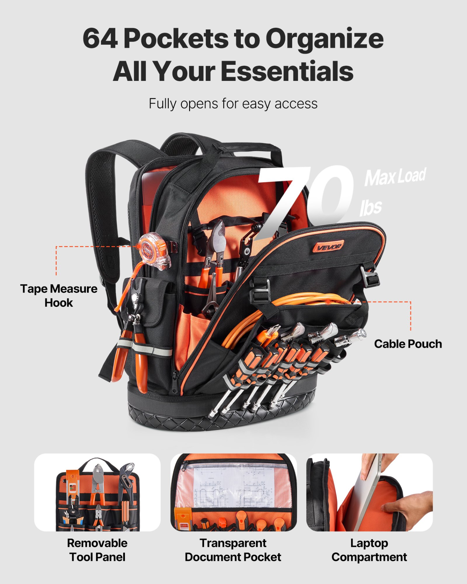 VEVOR Tool Backpack 64 Pockets Tear-resistant Jobsite Backpack for Electrician