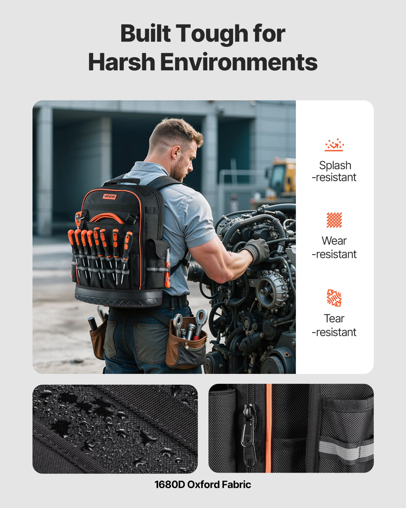 VEVOR Tool Backpack 64 Pockets Tear-resistant Jobsite Backpack for Electrician