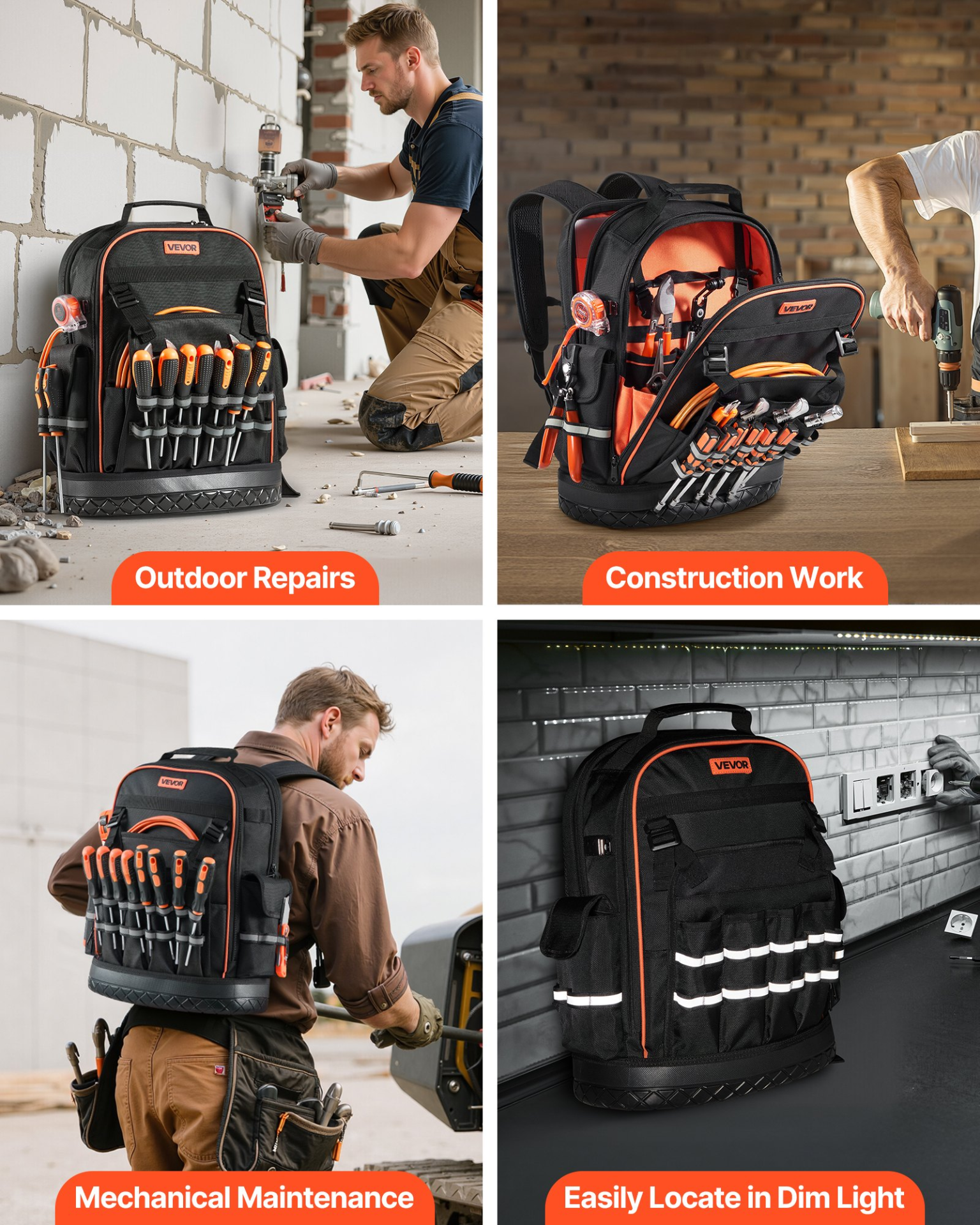 VEVOR Tool Backpack 64 Pockets Tear-resistant Jobsite Backpack for Electrician