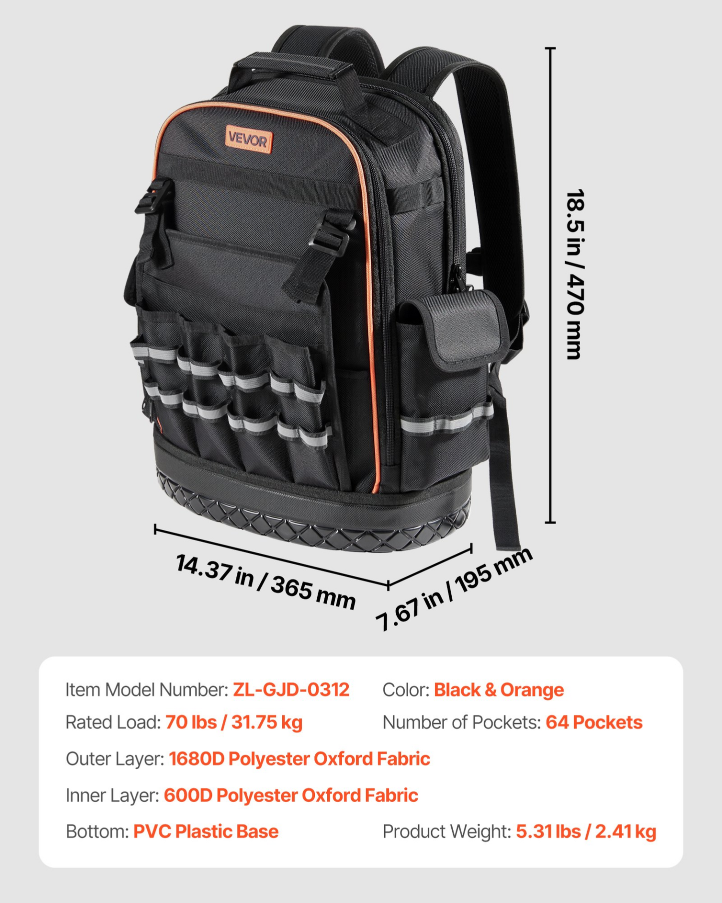 VEVOR Tool Backpack 64 Pockets Tear-resistant Jobsite Backpack for Electrician