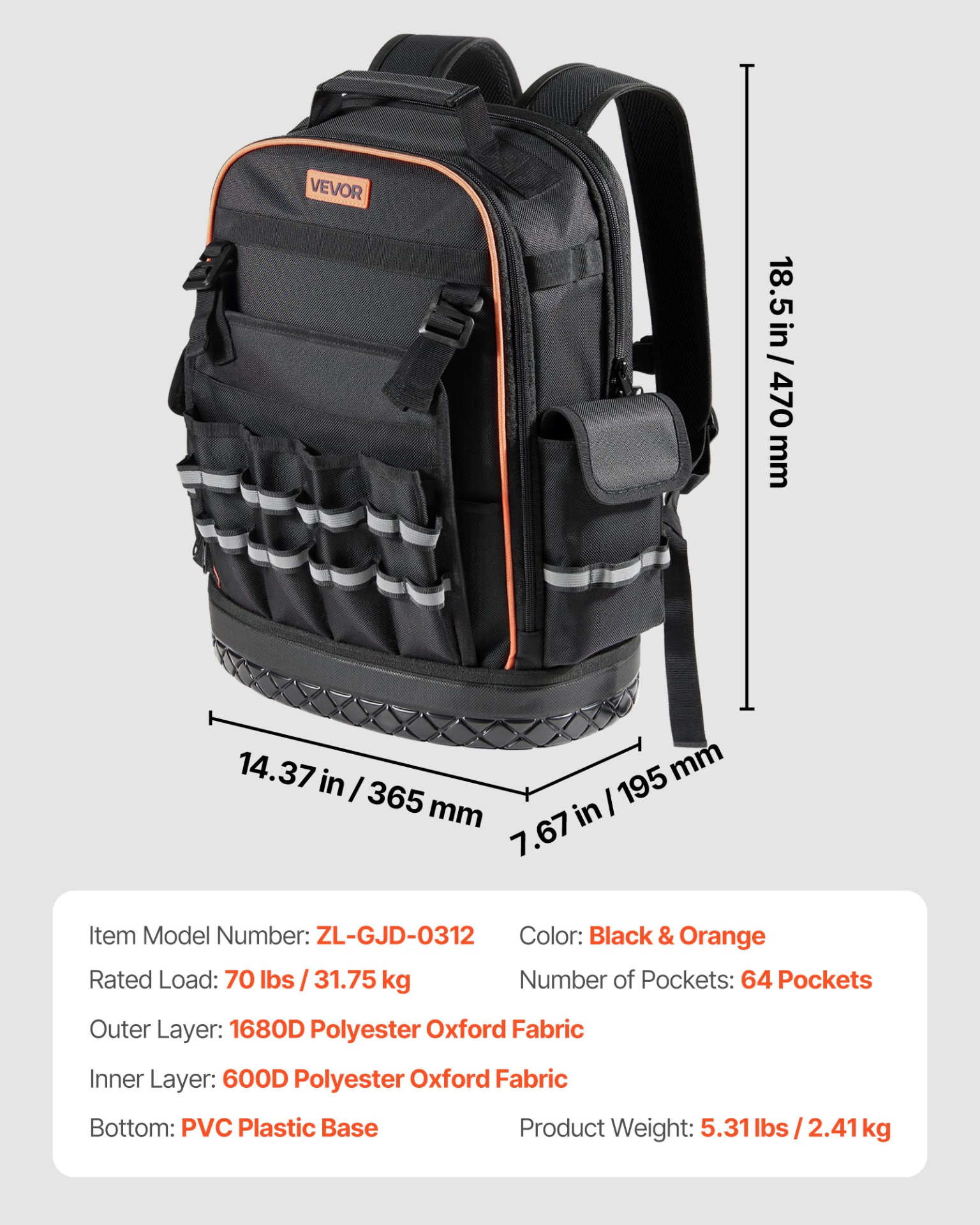 VEVOR Tool Backpack 64 Pockets Tear-resistant Jobsite Backpack for Electrician