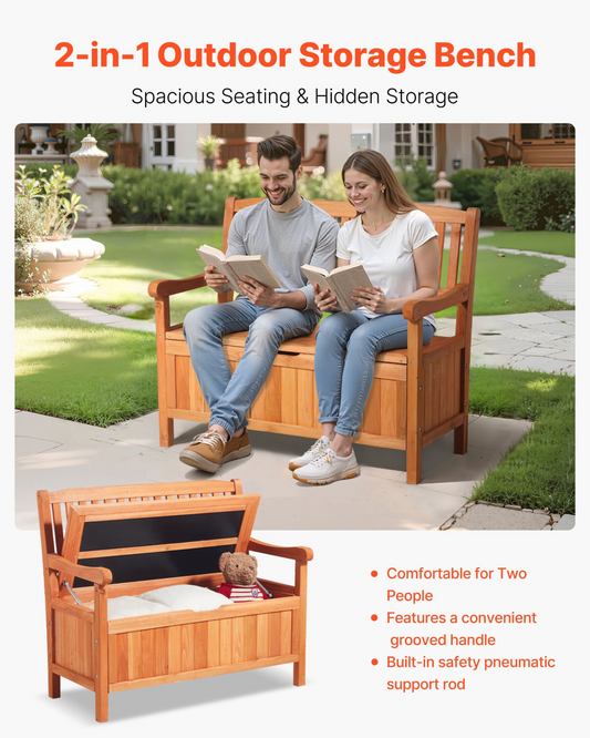 VEVOR 2 Person Outdoor Wooden Storage Bench 33 Gal Porch Deck Box Waterproof