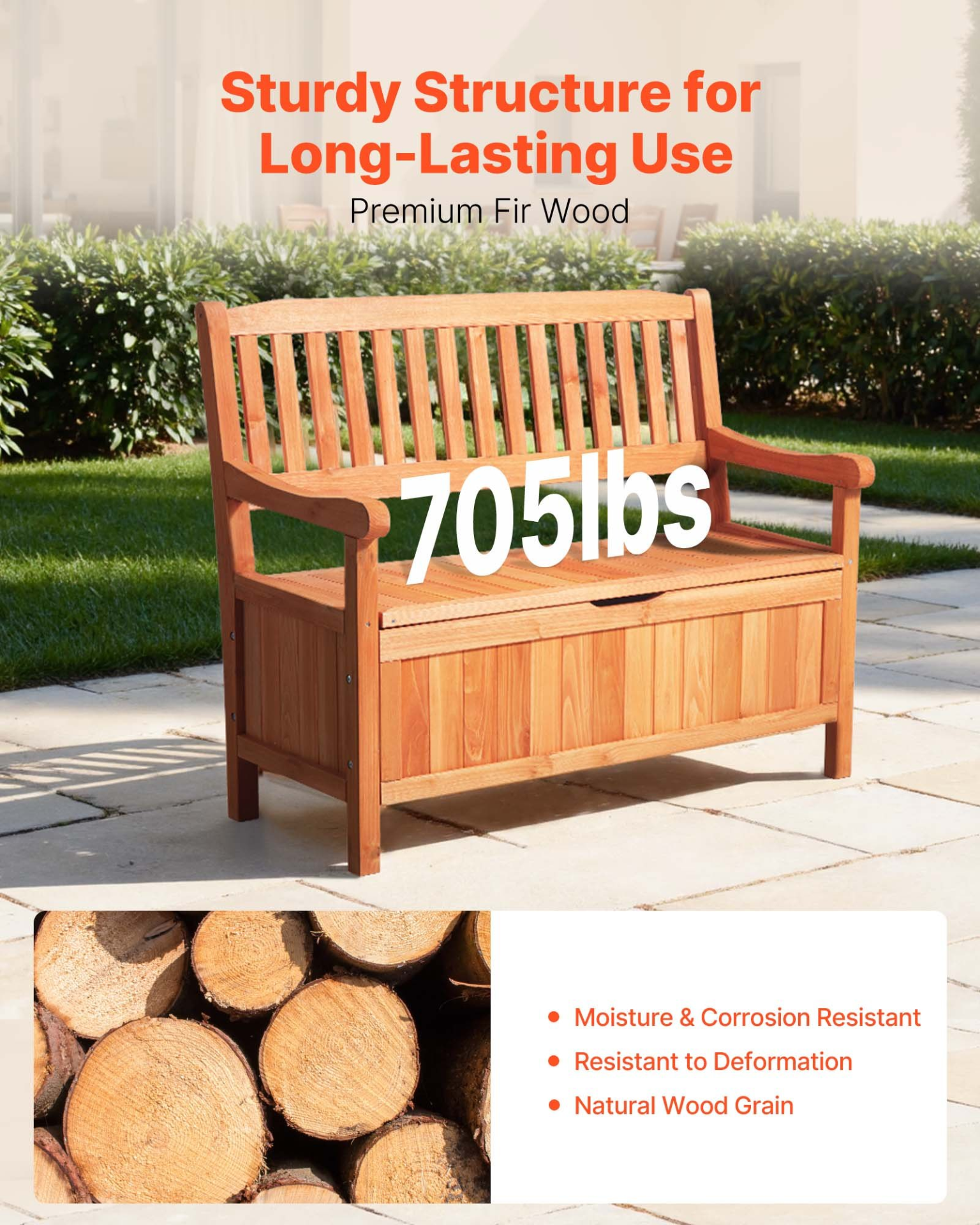 VEVOR 2 Person Outdoor Wooden Storage Bench 33 Gal Porch Deck Box Waterproof