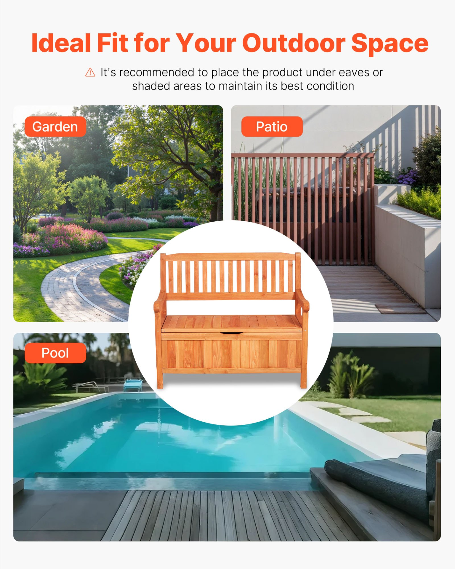 VEVOR 2 Person Outdoor Wooden Storage Bench 33 Gal Porch Deck Box Waterproof