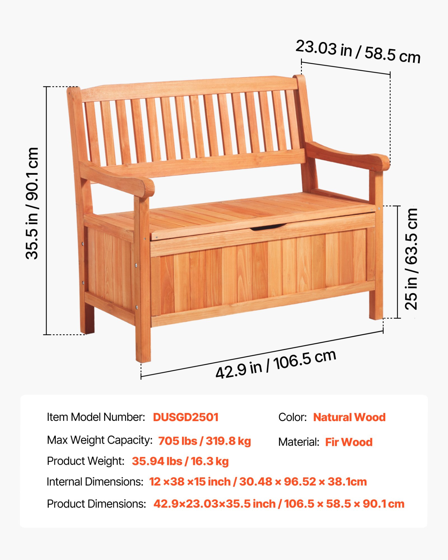 VEVOR 2 Person Outdoor Wooden Storage Bench 33 Gal Porch Deck Box Waterproof