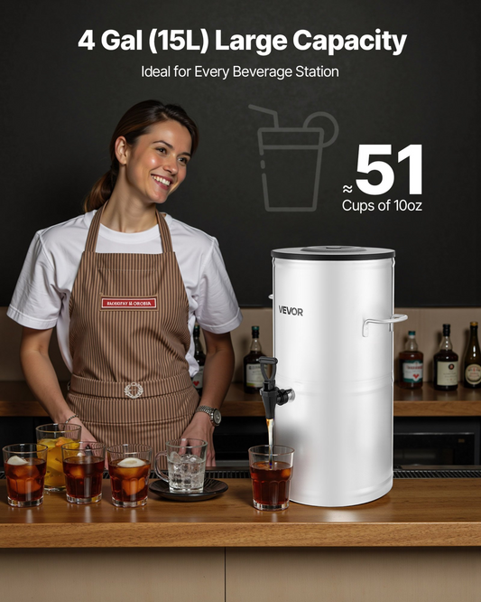 VEVOR Ice Tea Dispenser 4 Gal/15L for Iced Tea Juice Coffee 304 Stainless Steel