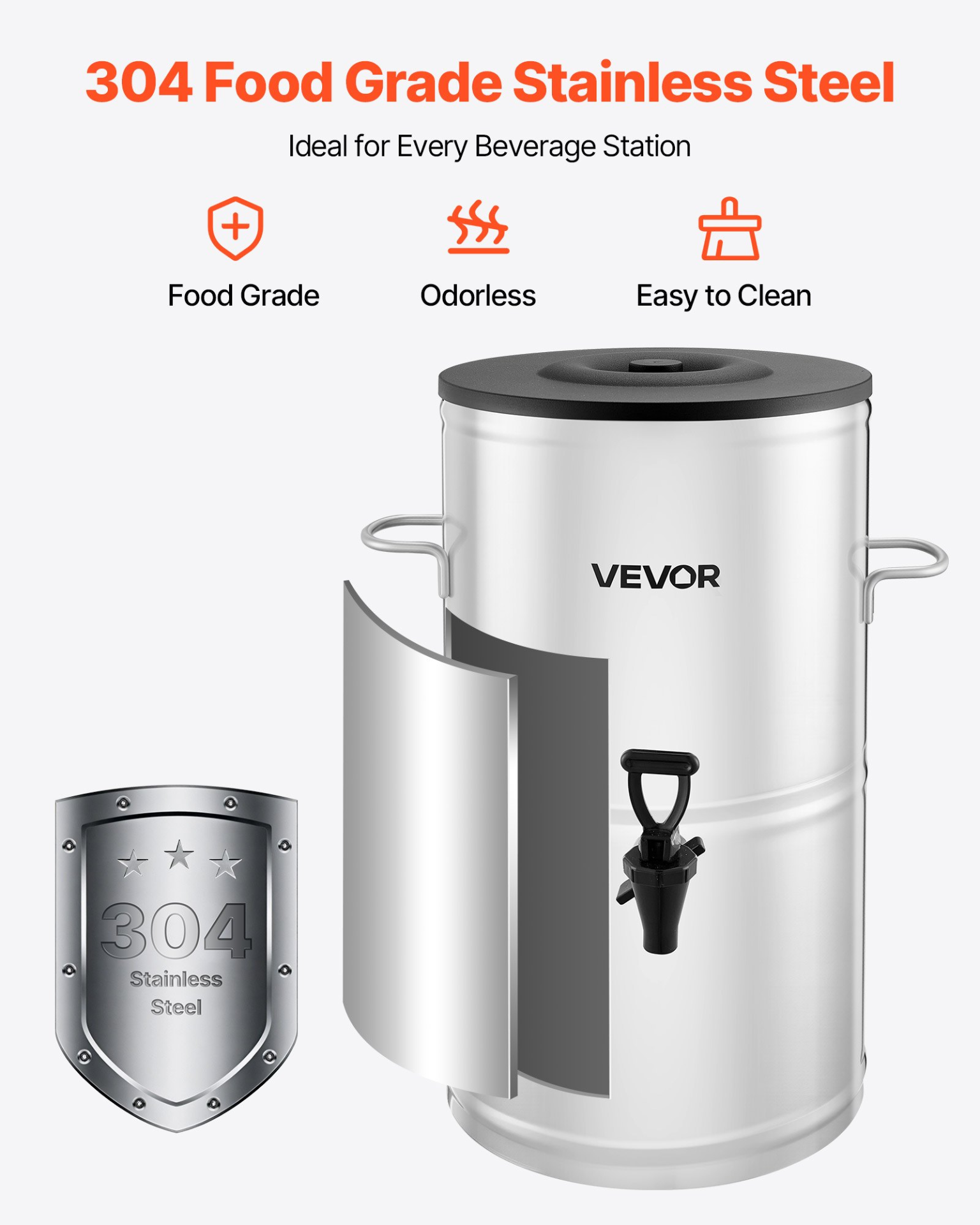 VEVOR Ice Tea Dispenser 4 Gal/15L for Iced Tea Juice Coffee 304 Stainless Steel